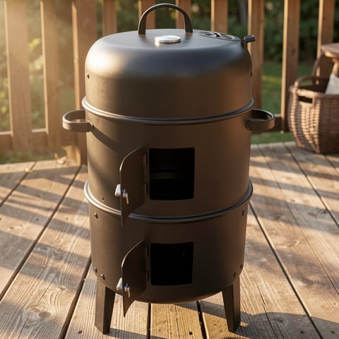 Black vertical charcoal smoker with two cooking grates and accessories