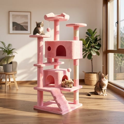 Multi-level cat tree with plush toys and sisal post