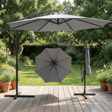 A large beige cantilever umbrella providing shade in an outdoor setting