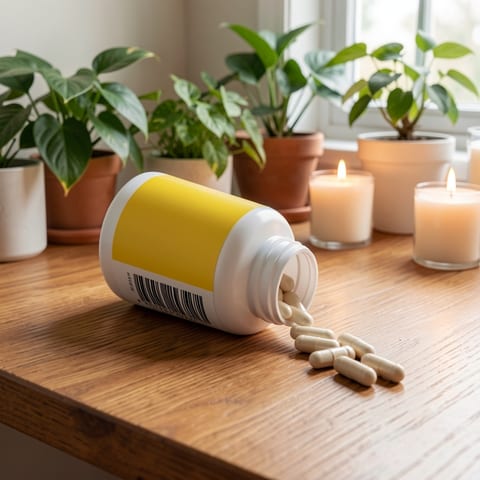 A white plastic bottle with a yellow label and capsules spilling out