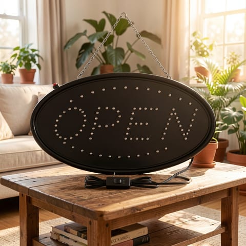 Oval-shaped LED open sign with red and blue lights hanging outside a store at night.