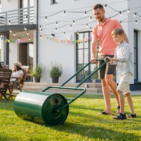 Green iron lawn roller with U-shaped handle on a seamless light background