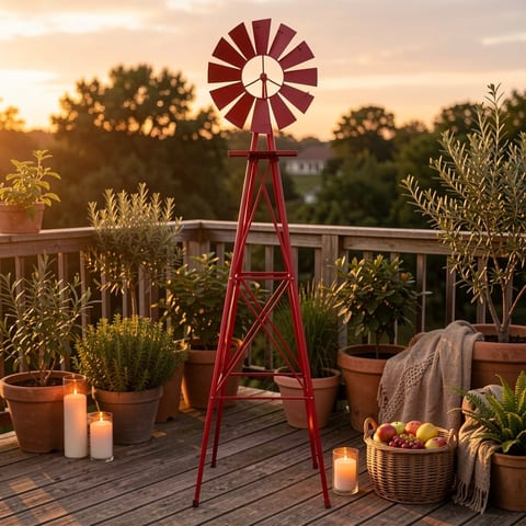 Red metal windmill with four legs and a central pole