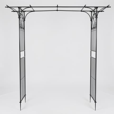 Black metal garden archway with flat top and decorative sides