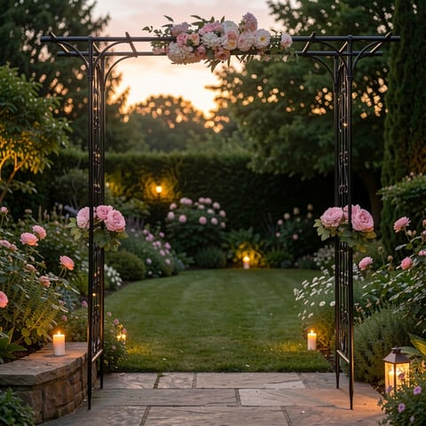 Black metal garden archway with decorative side panels