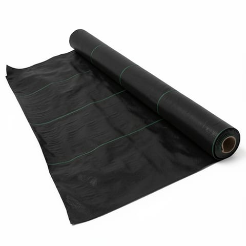 A roll of black landscaping fabric on a white background.
