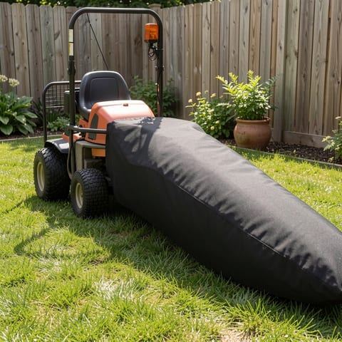 Lawn tractor leaf bag in use on a yellow ride-on mower in a green lawn