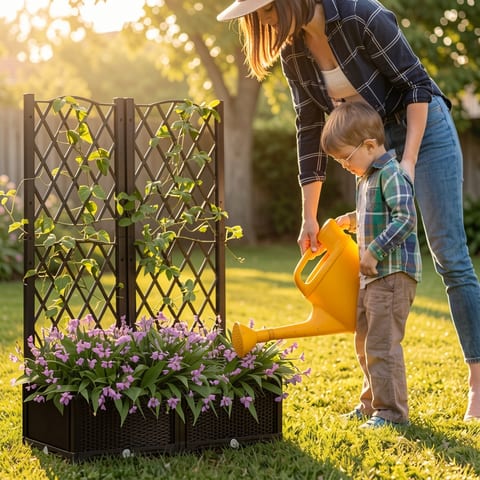 Woman and child watering plants in a garden with a trellis planter