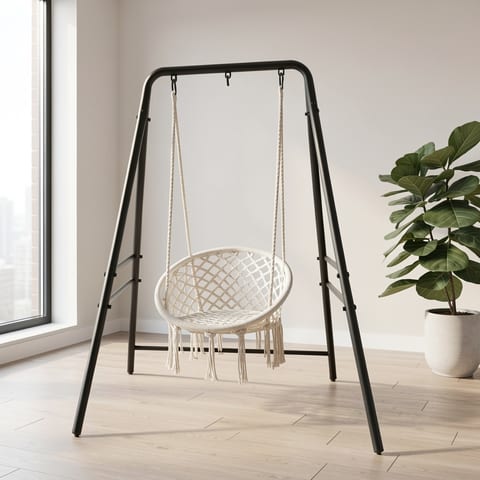 Black metal hammock chair stand with four legs and a frame