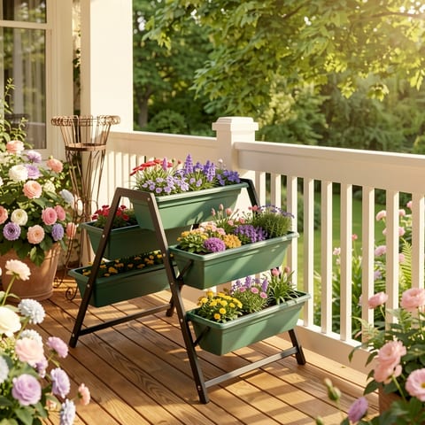A green, five-tiered flower pot with colorful flowers on each tier