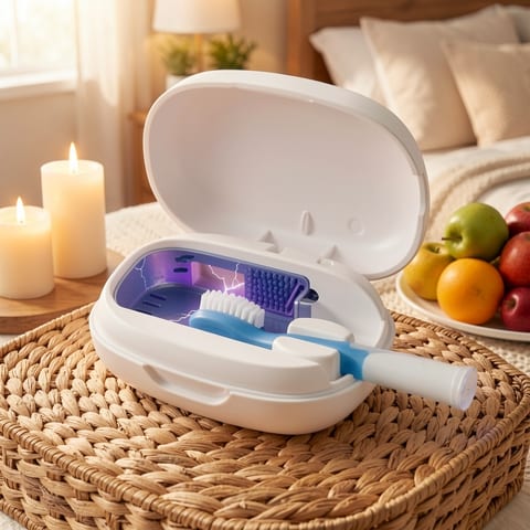 A white toothbrush sanitizer with UVC LED light on a bathroom counter.