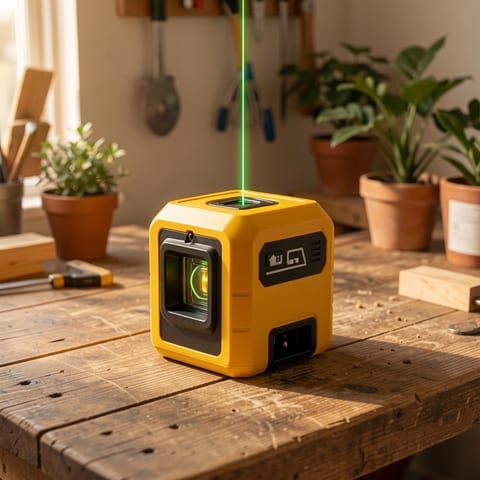 A yellow laser level on a tripod projecting green cross lines onto a wall with a framed picture.