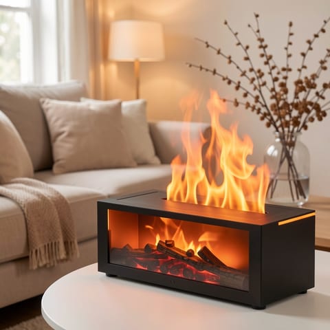 A white rectangular fireplace simulation flame aromatherapy machine with a black screen displaying logs.