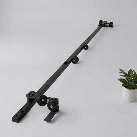 Bi-fold sliding barn door hardware track kit with two white doors