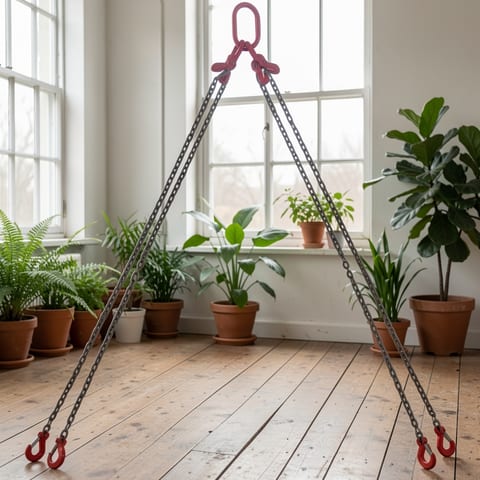 Four-leg chain sling with grab hooks and red connectors