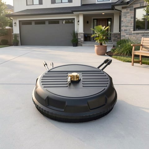 A black 15-inch pressure washer surface cleaner on a stone patio with a long wand attached.