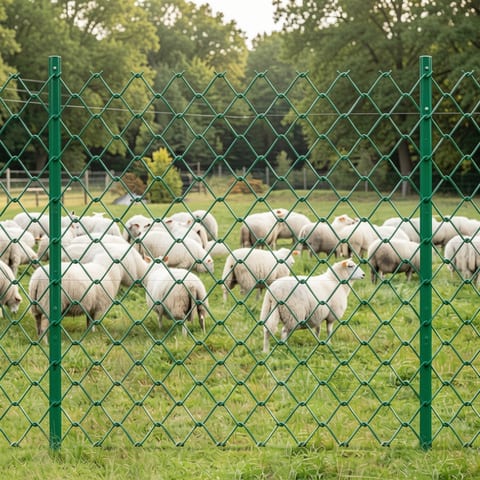 Green metal fence posts with clips and zipper ties on a grassy lawn