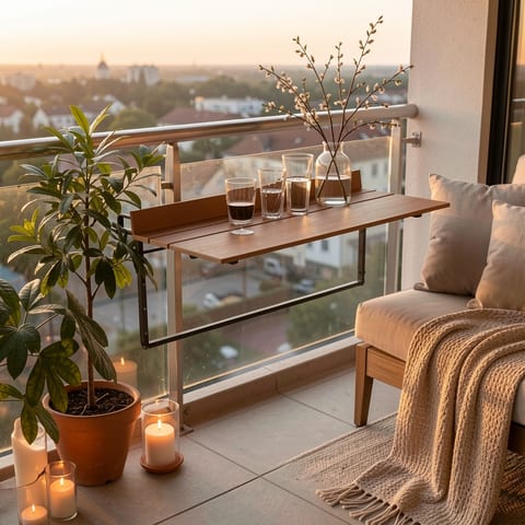 Brown wooden balcony railing table with black metal frame