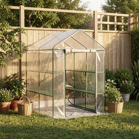 Portable mini walk-in greenhouse kit with clear plastic cover and steel frame