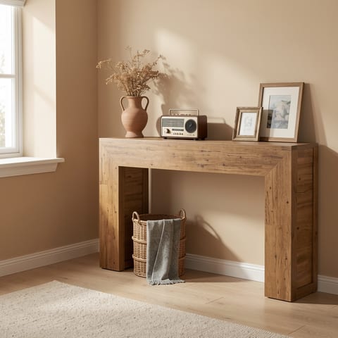 Rustic console table with decorations on top in a living room