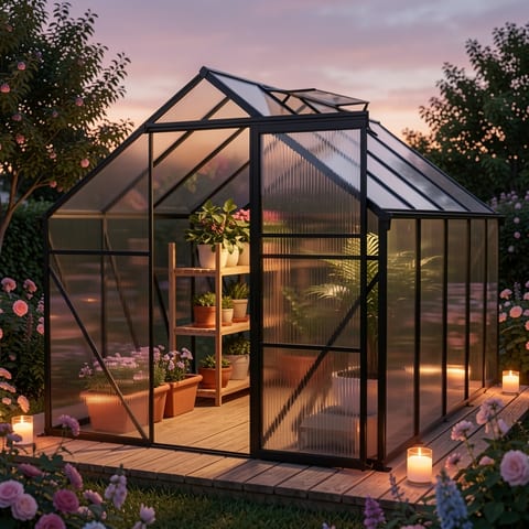 Polycarbonate greenhouse with black frame on wooden deck