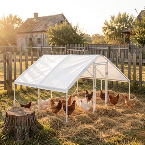 Large metal chicken coop with waterproof cover in a garden