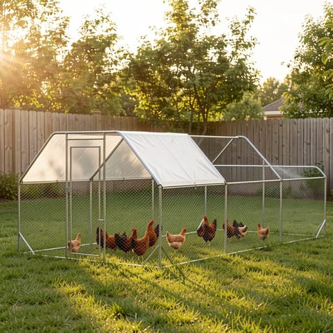 Large metal chicken coop with waterproof cover