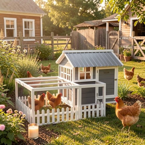 Wooden chicken coop with grey roof and white picket fence enclosure