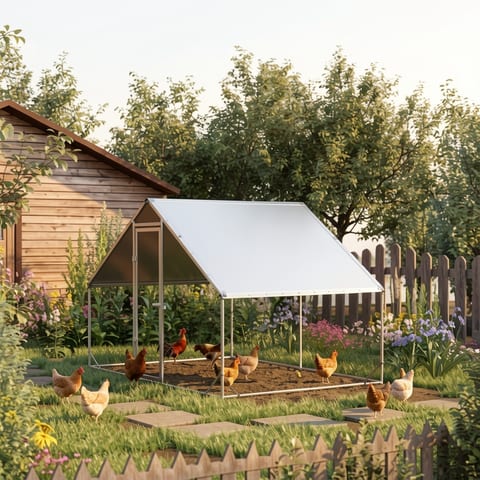 Metal chicken coop run with cover in a garden