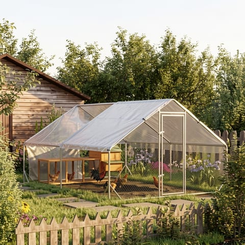 Large metal chicken coop with waterproof cover