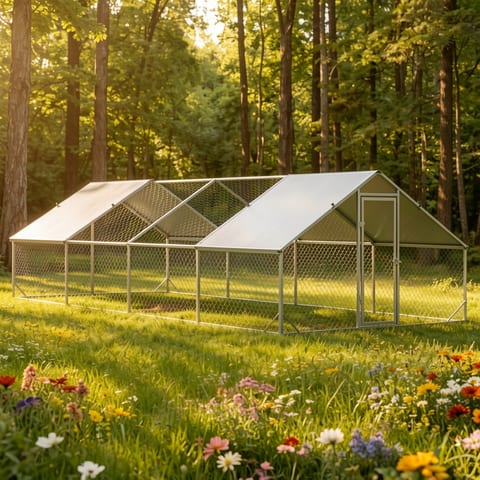 Large metal chicken coop with grey roof in a grassy field with flowers