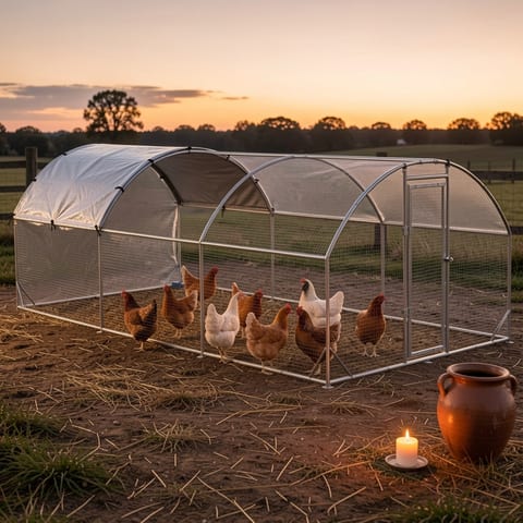 Large metal chicken run with waterproof cover and chickens inside