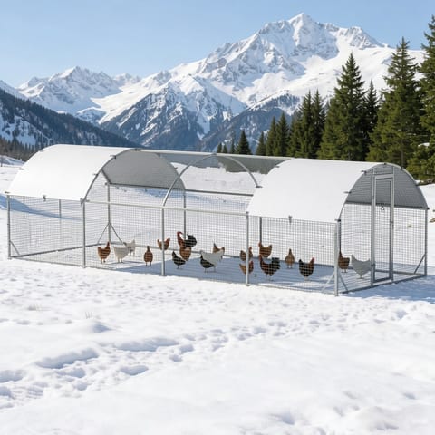 Large metal chicken coop in snowy yard with chickens inside