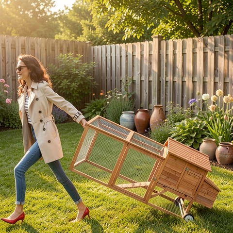 Portable wooden chicken coop with wheels and nesting box in a backyard