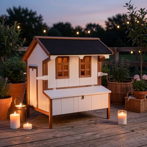 Portable chicken house with brown trim and black roof on grass with chickens