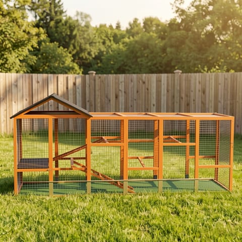 Large orange chicken coop with black roof on green grass