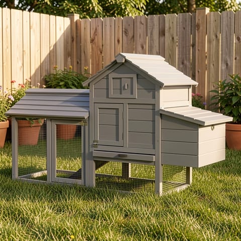 Gray wooden chicken coop with multiple entrances and nesting box