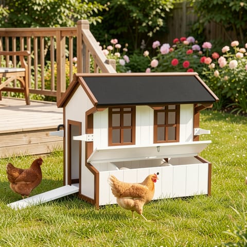 Wooden chicken coop with white and brown finish, black roof, and nesting box.