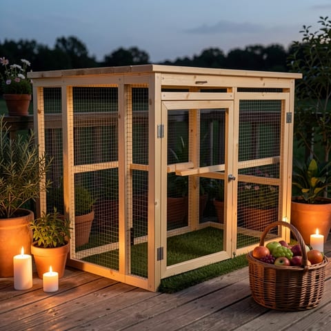 Large wooden chicken coop with wire mesh and perches