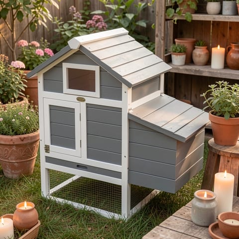 Small gray and white wooden chicken coop with two doors and a nesting box