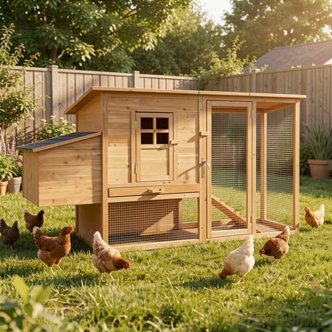 Large wooden chicken coop with two chickens in a garden