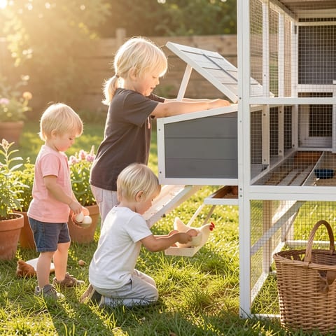 Large walk-in chicken coop with run and nesting boxes in a garden