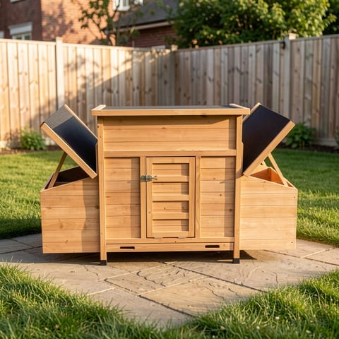 Wooden chicken coop with two hinged roofs open, showing interior.