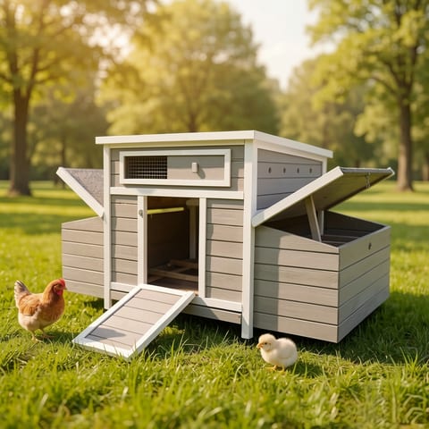 Large gray wooden chicken coop with white trim on grass