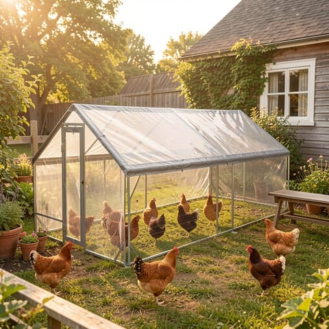 Large metal chicken coop in a grassy field