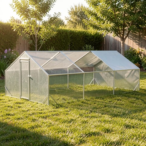 Large metal chicken coop with chickens inside
