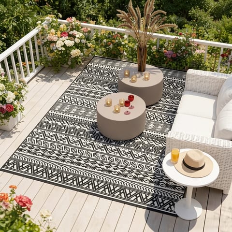Reversible outdoor rug in a cozy living room with a chair and coffee table
