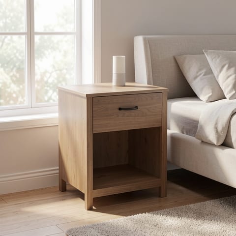 Light wood nightstand with one drawer and open shelf beside a bed