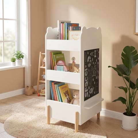 Bear-shaped white wooden bookshelf with three shelves in a child's room