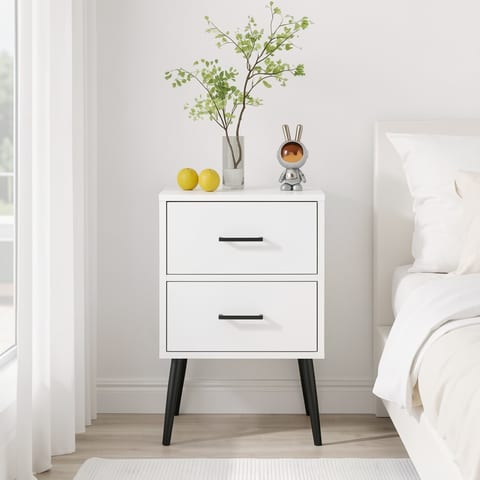 Modern white 2-drawer nightstand with metal legs and handles in a bedroom